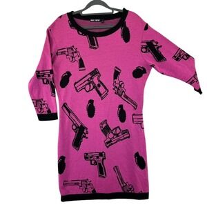 Vtg RARE Womens XL Hot Topic Knit Sweater Dress Pink Gun Grenade Fuchsia Black